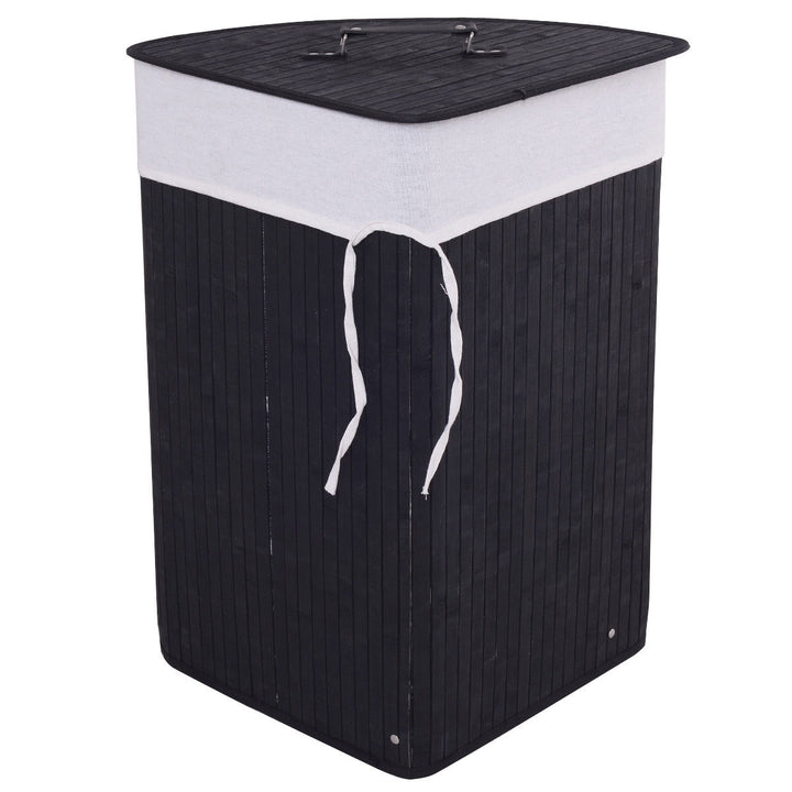 Costway Corner Bamboo Hamper Laundry Basket Washing Cloth Bin Storage Bag Lid Black - Black_7