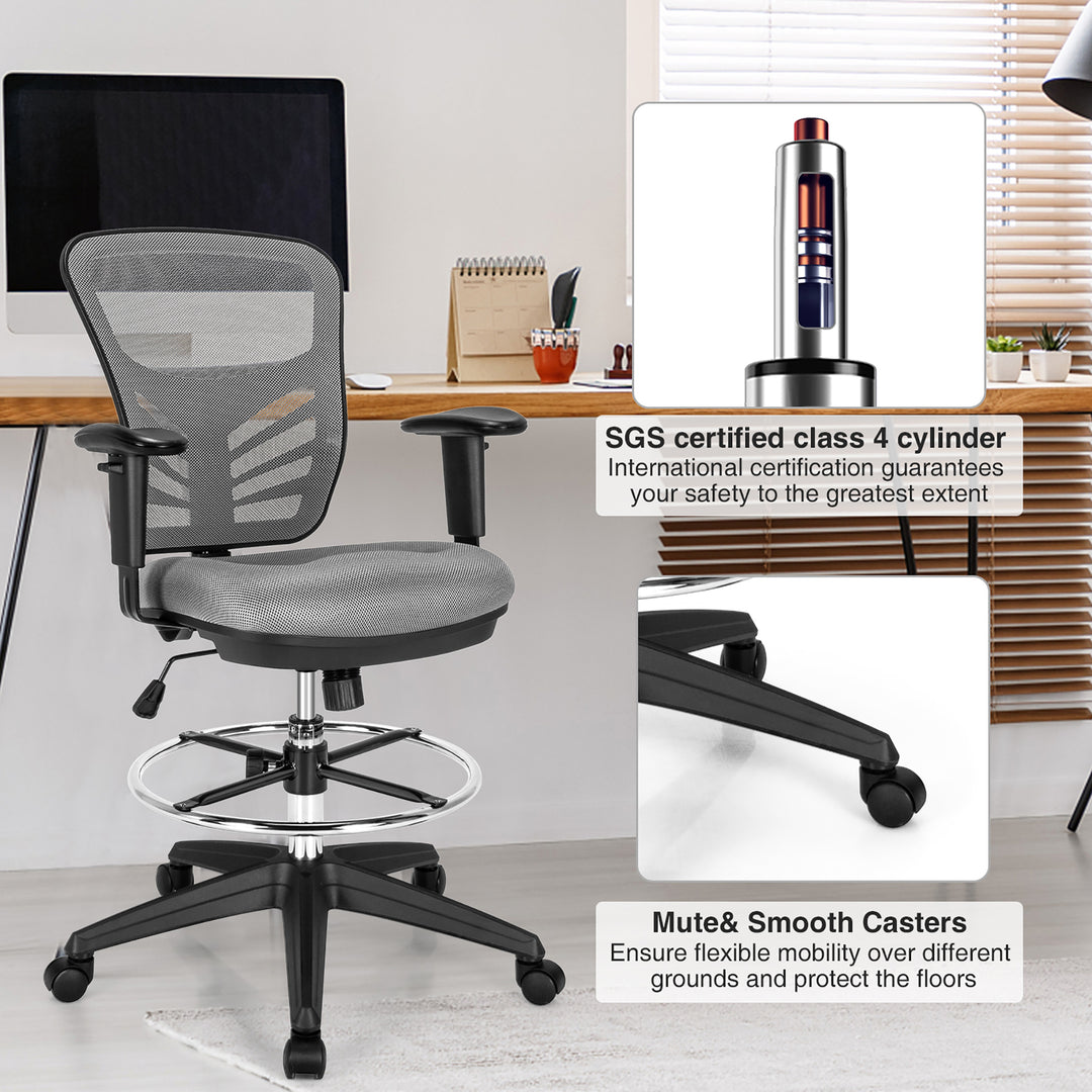 Costway - Mesh Drafting Chair Office Chair with Adjustable Armrests and Foot-Ring - Gray_6