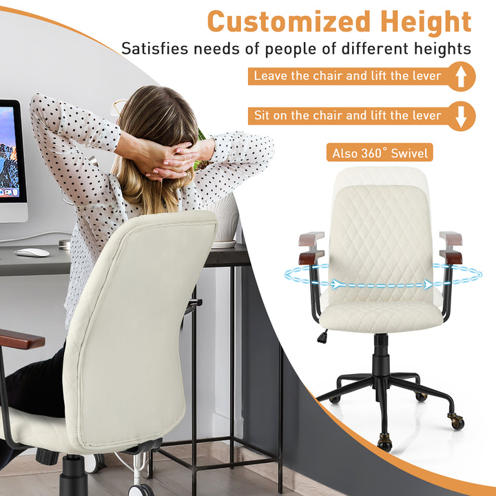 Costway - Velvet Home Office Chair Swivel Adjustable Task Chair with Wooden Armrest - Beige_5