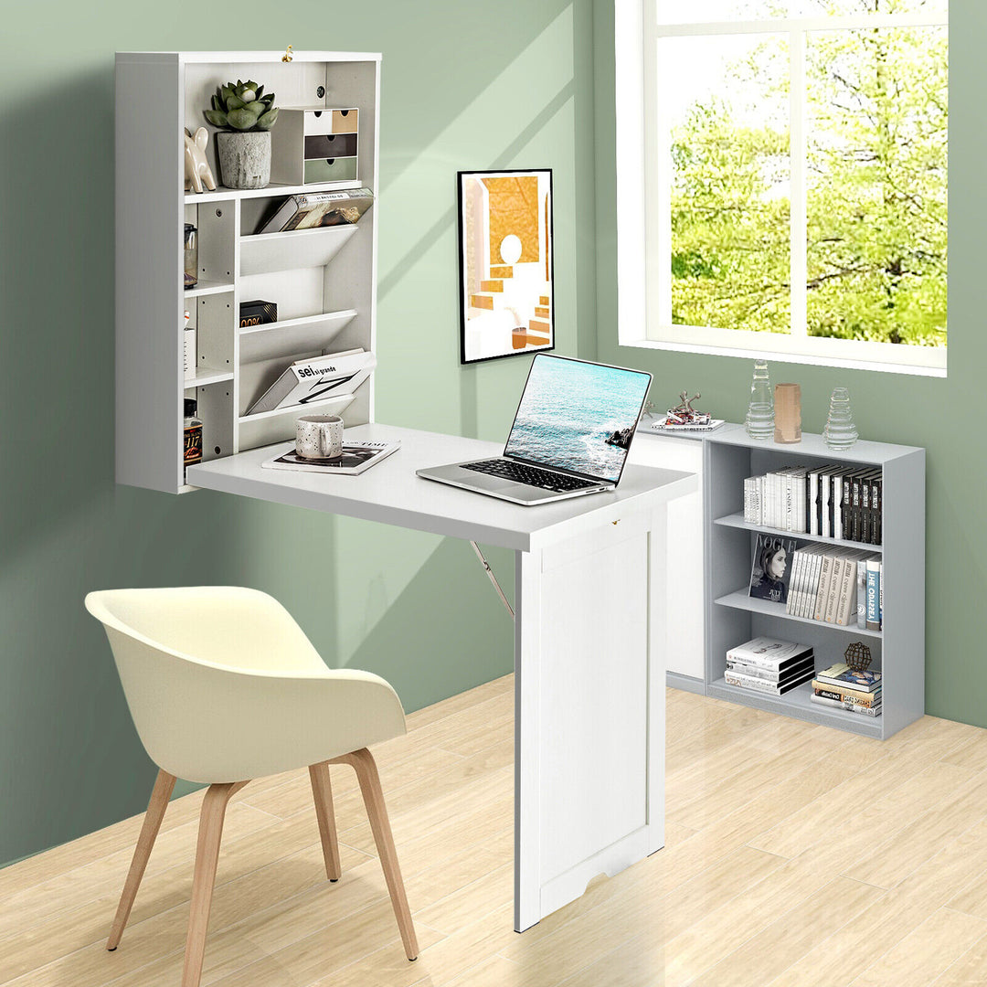 Costway - Wall Mounted Computer Convertible Desk Floating Desk with Storage Bookcases - White_4