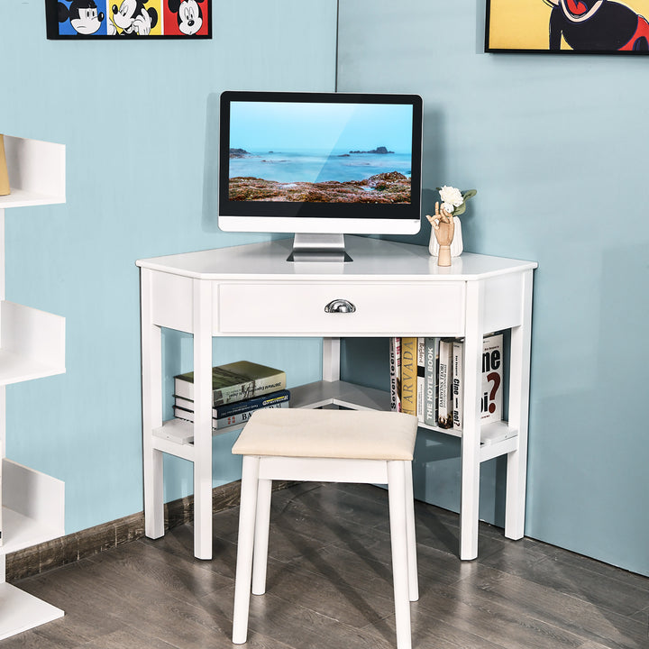 Costway - Triangle Computer Desk Corner Office Desk Laptop Table with Drawer Shelves - Rustic White_1