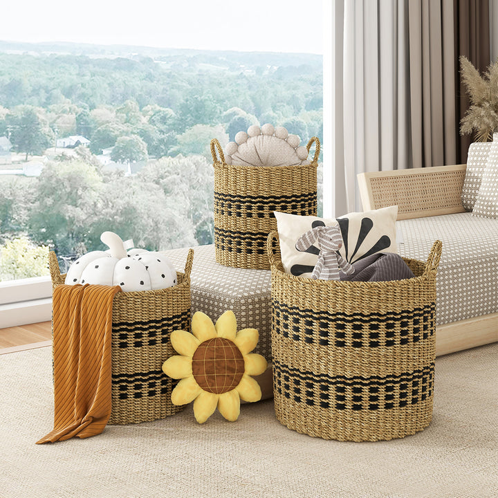 Costway Seagrass Basket Set of 3 Stackable Storage Bins w/ Handles Home Organizers - Natural_1