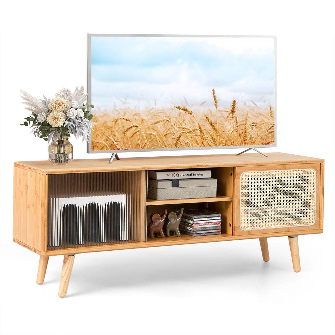 Costway - Modern TV Stand Entertainment Center Media Console w/Rattan  Glass Sliding Doors - Natural_0