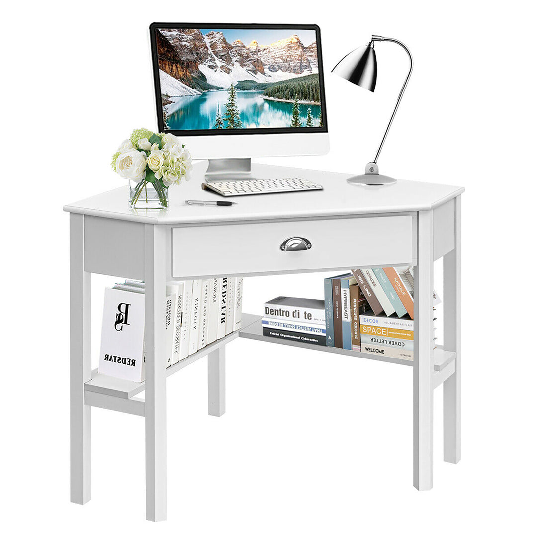 Costway - Triangle Computer Desk Corner Office Desk Laptop Table with Drawer Shelves - Rustic White_0