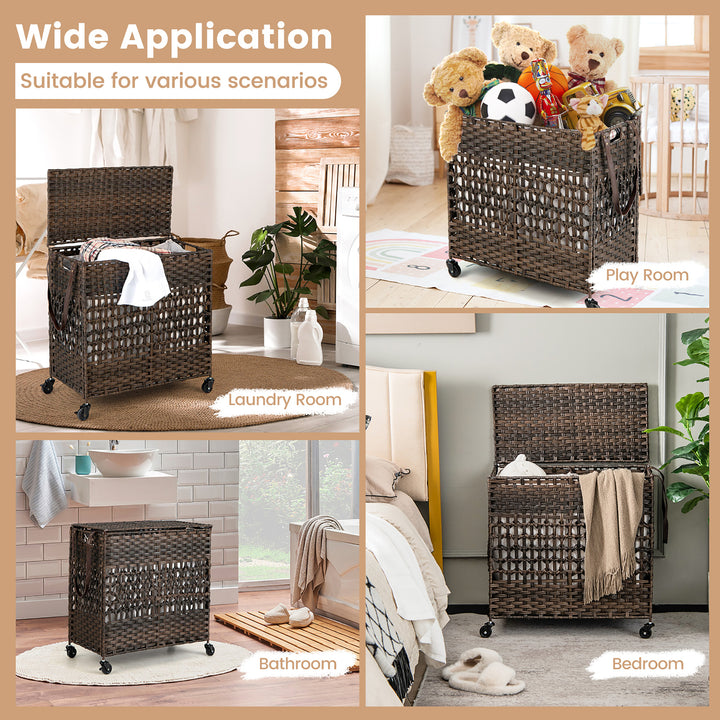 Costway 110L Laundry Hamper w/Wheels Clothes Basket w/Lid and Handle and 2 Liner Bags - Brown_5