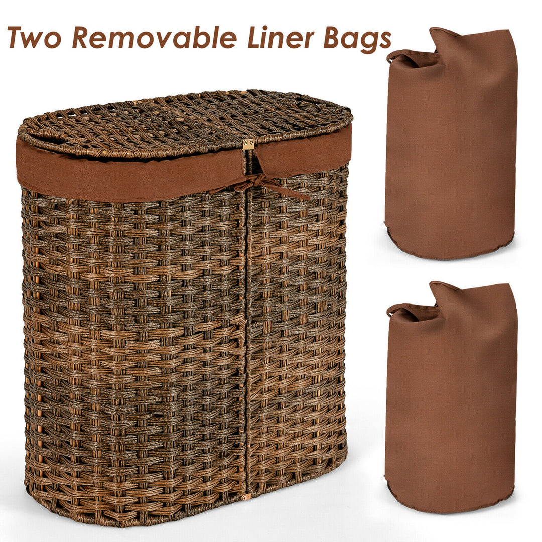 Costway Handwoven Laundry Hamper Laundry Basket w/2 Removable Liner Bags Brown - Brown_9