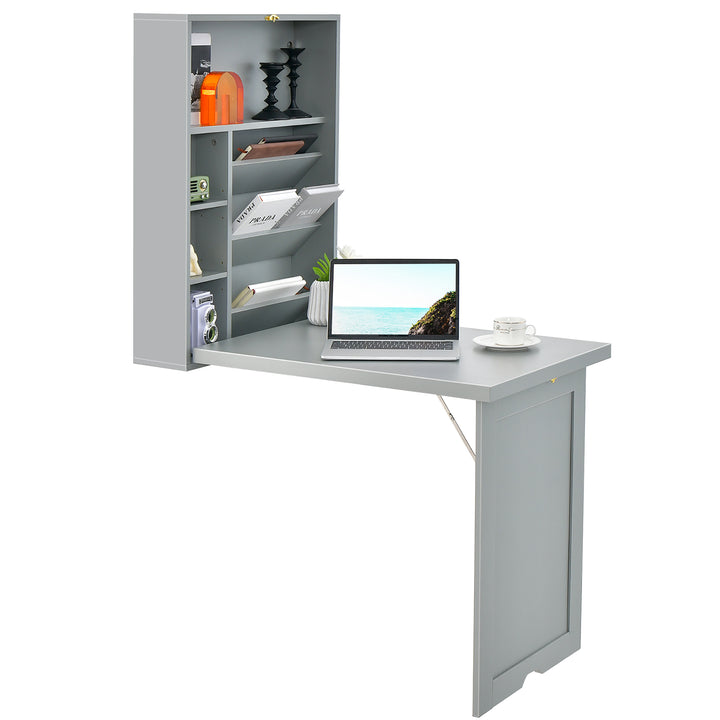 Costway - Wall Mounted Computer Convertible Desk Floating Desk with Storage Bookcases - Gray_10