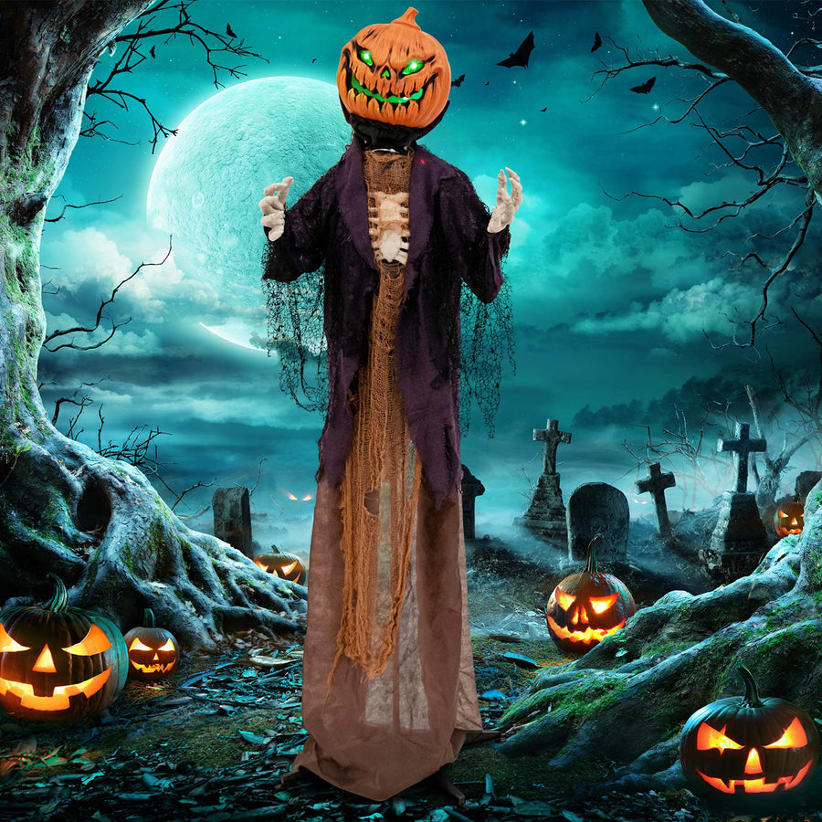 Costway - 5.6 FT Halloween Animated Standing Pumpkin Scarecrow with Weird Phrases & LED Eyes - Brown/Purple/Orange_0