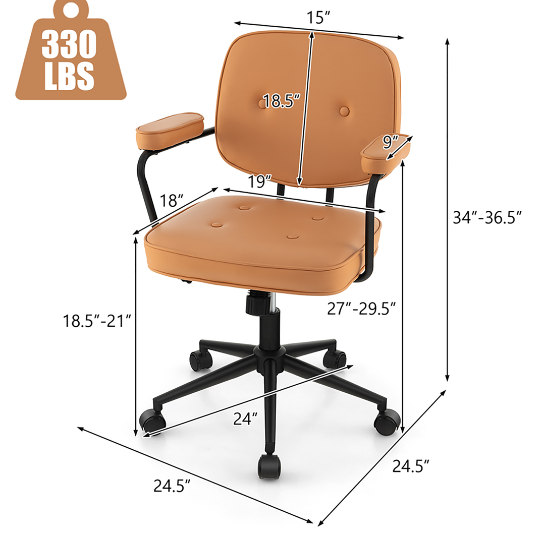 Costway - PU Leather Office Chair Adjustable Swivel Leisure Desk Chair with Armrest - Orange_2