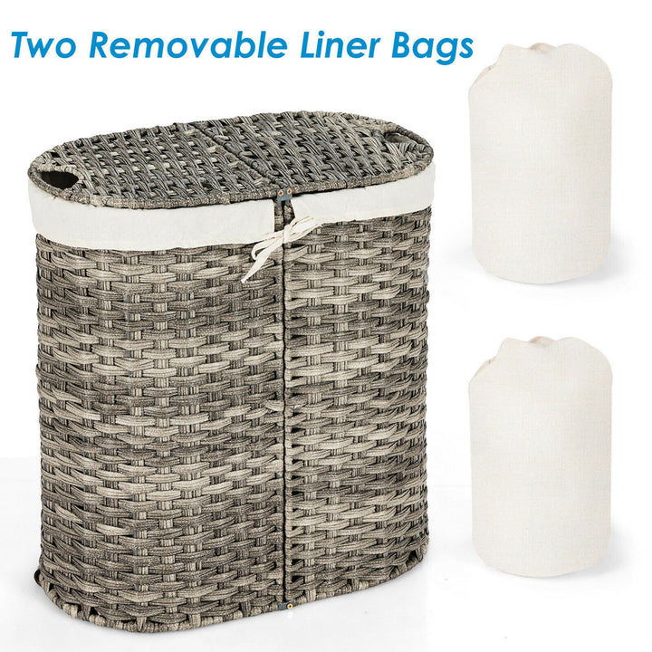 Costway Handwoven Laundry Hamper Laundry Basket w/2 Removable Liner Bags Grey - Grey_9