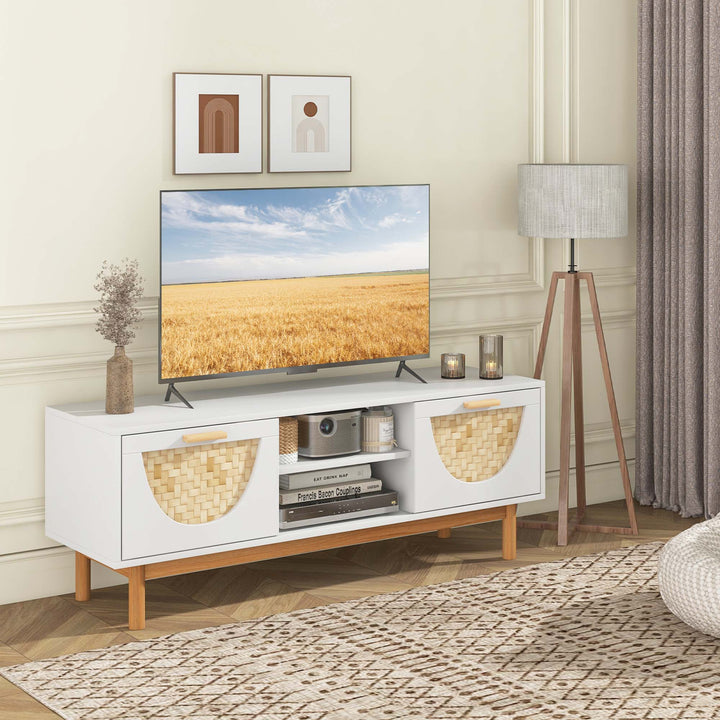 Costway - TV Stand for 55-Inch TVs with 2 Drawers & Bamboo Woven Fronts Solid Wood Legs White - White/Natural_3