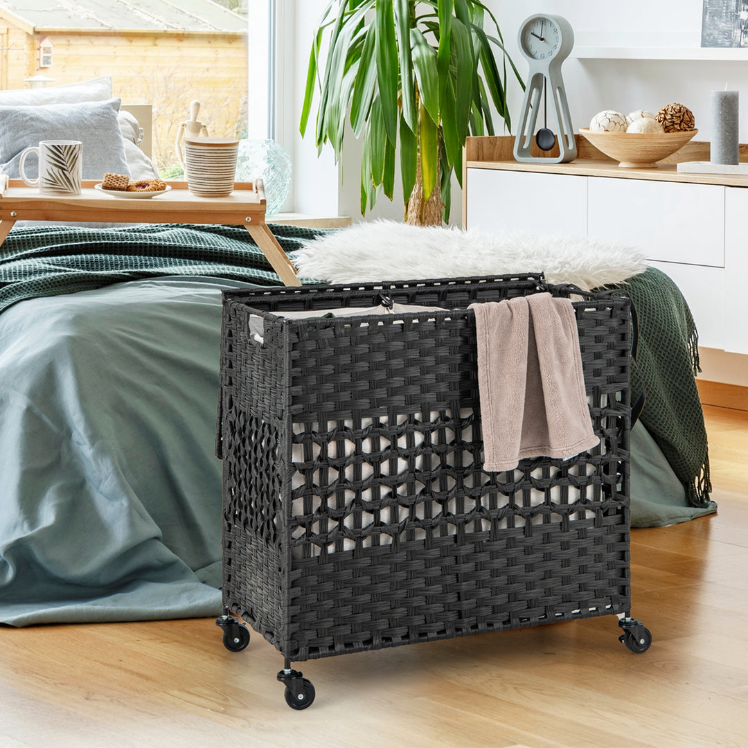 Costway 110L Laundry Hamper with Wheels Clothes Basket Lid & Handle & 2 Liner Bags Black - Black_3