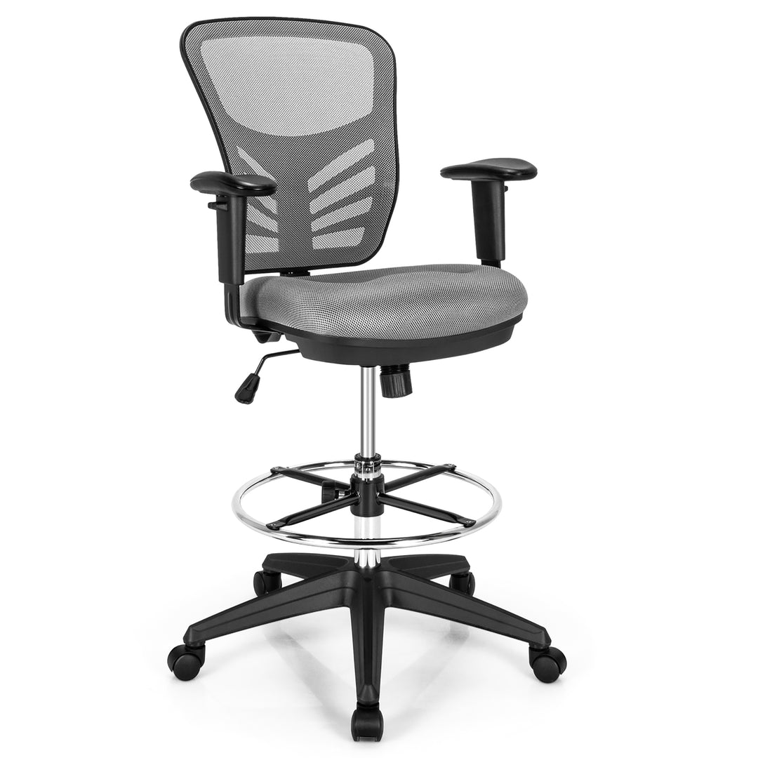 Costway - Mesh Drafting Chair Office Chair with Adjustable Armrests and Foot-Ring - Gray_0