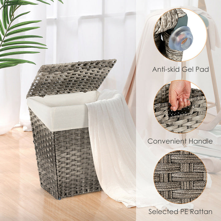 Costway Handwoven Laundry Hamper Foldable w/Removable Liner, Lid & Handles Grey - Grey_9