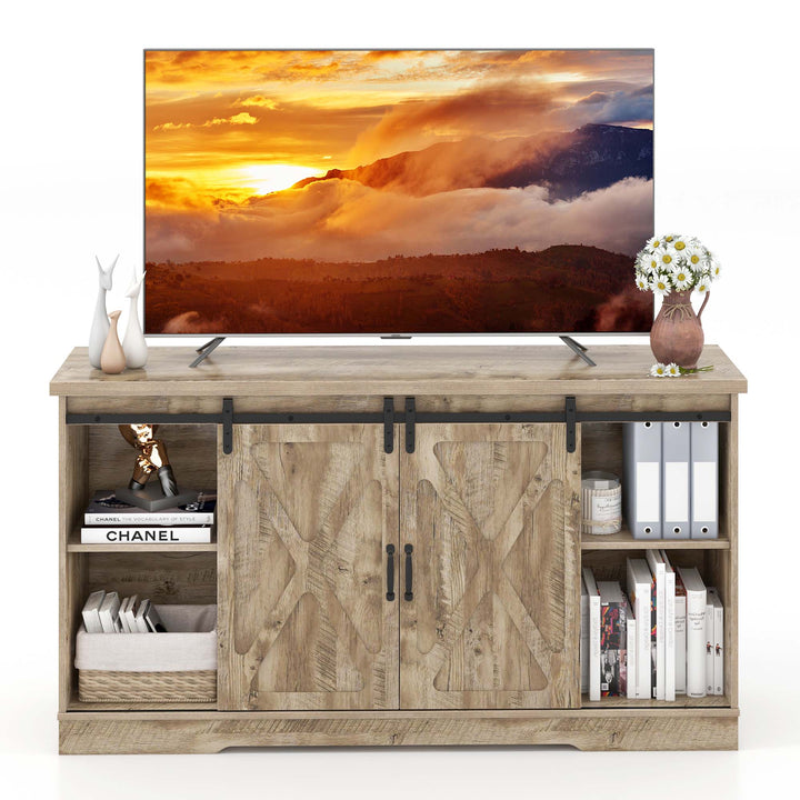 Costway - TV Stand Farmhouse Cabinet Sliding Barn Door Adjustable Shelves for TV up to 65'' - Gray Oak_9