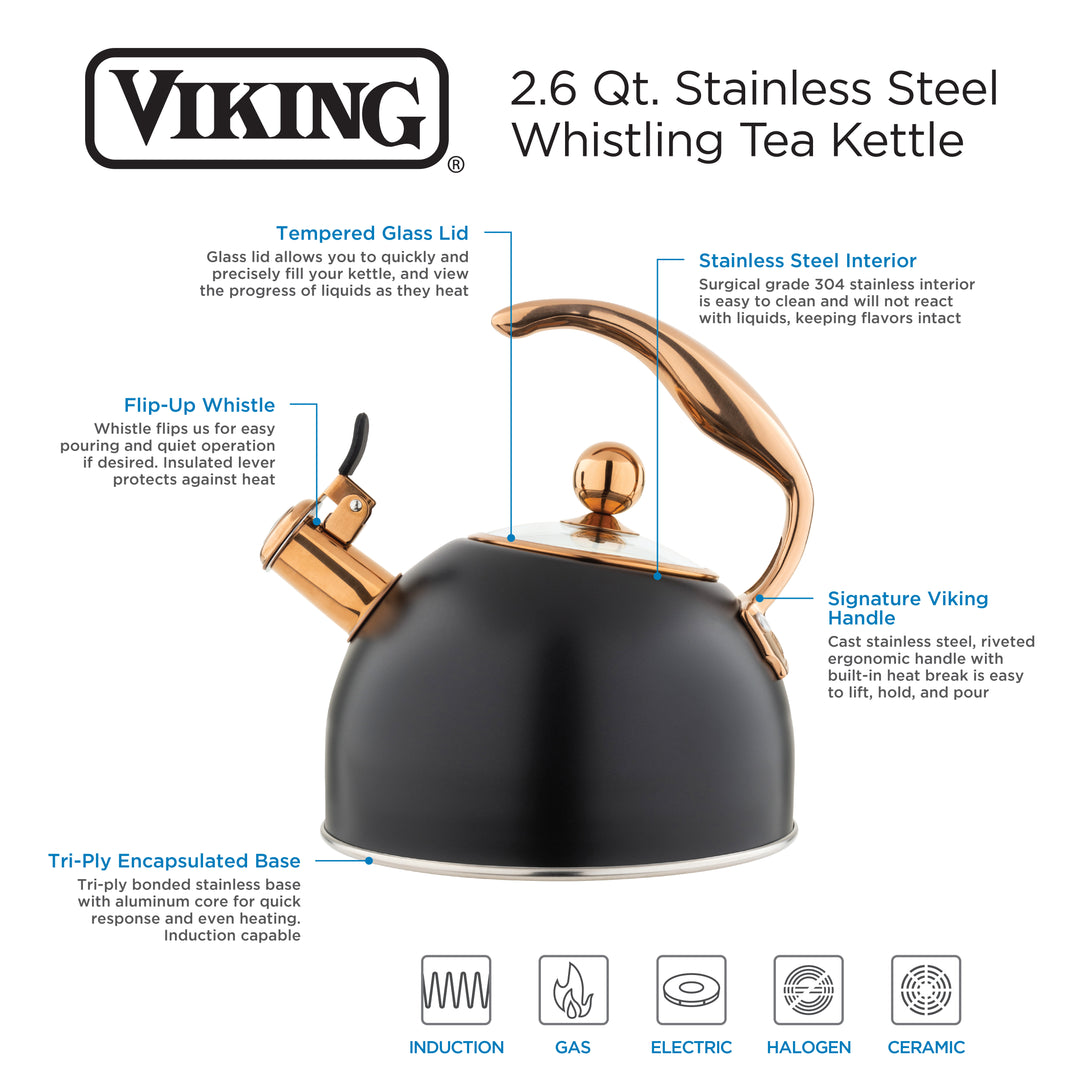 Viking 2.6 Quart Whistling Tea Kettle with 3-Ply Base, Black & Copper - Black and Copper_5