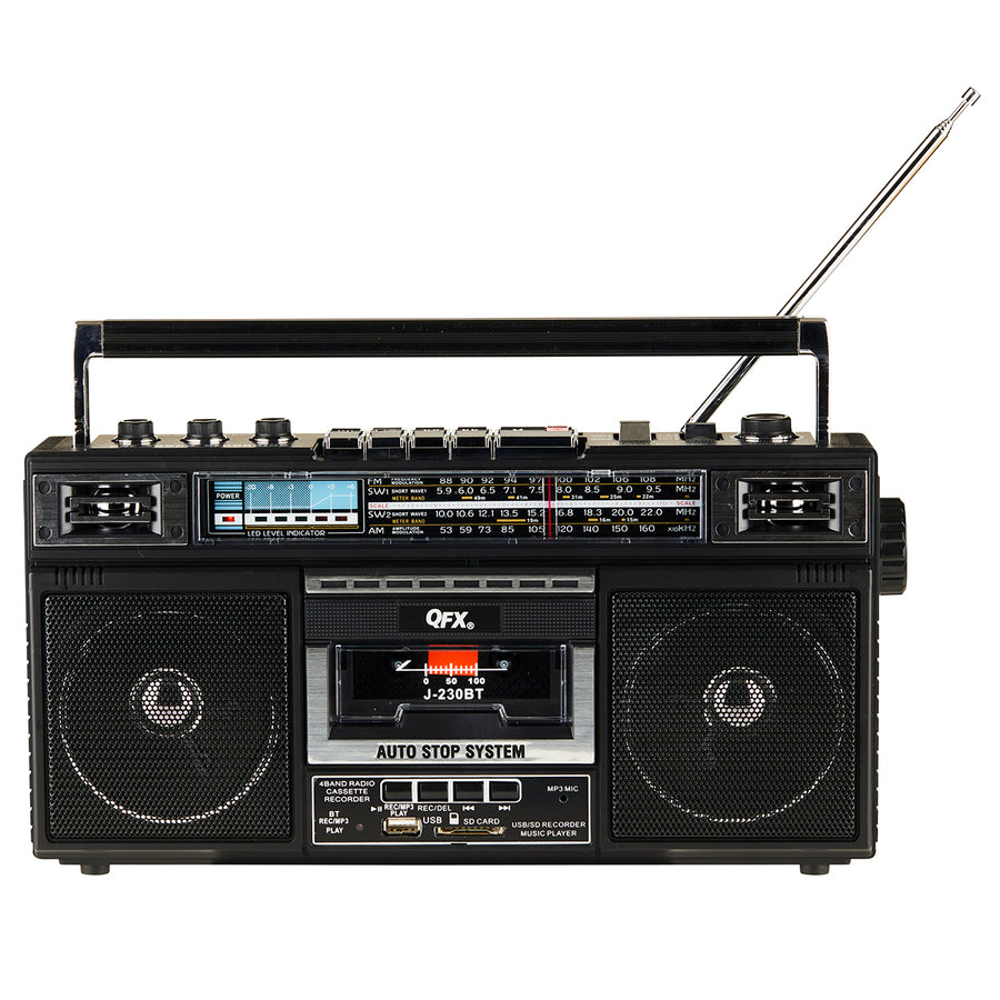 QFX - RECHARGEABLE CASSETTE AM/FM/SW1-2 RADIO BLUETOOTH BOOMBOX WITH USB RECORDING - Black_0