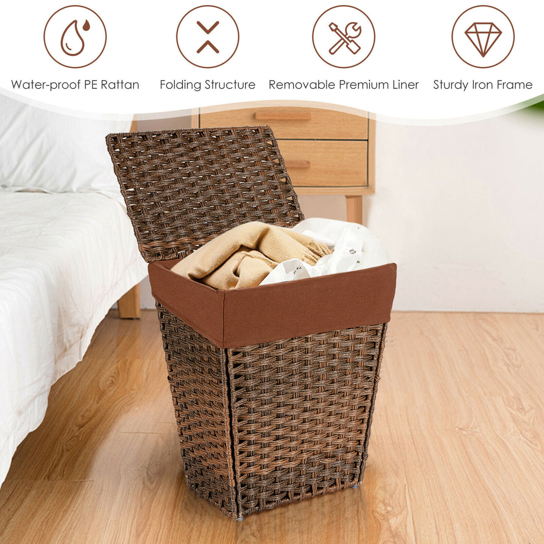 Costway Handwoven Laundry Hamper Foldable w/Removable Liner, Lid & Handles Brown - Brown_5