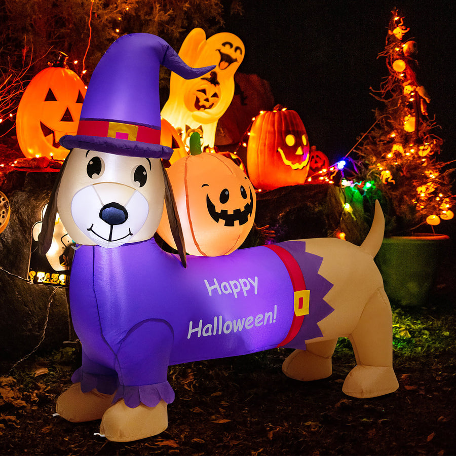 Costway - 5 FT Long Halloween Inflatable Dachshund Dog with Pumpkin Self Inflating Yard - Orange/Purple_0