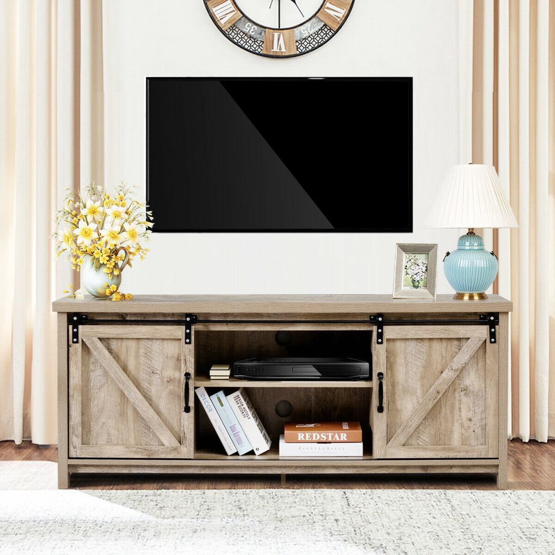 Costway - TV Stand Console Cabinet Sliding Barn Door for TVs up to 60'' White Oak - White Oak_4