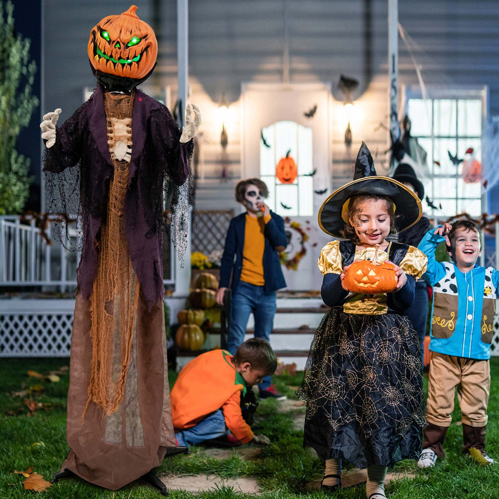 Costway - 5.6 FT Halloween Animated Standing Pumpkin Scarecrow with Weird Phrases & LED Eyes - Brown/Purple/Orange_1