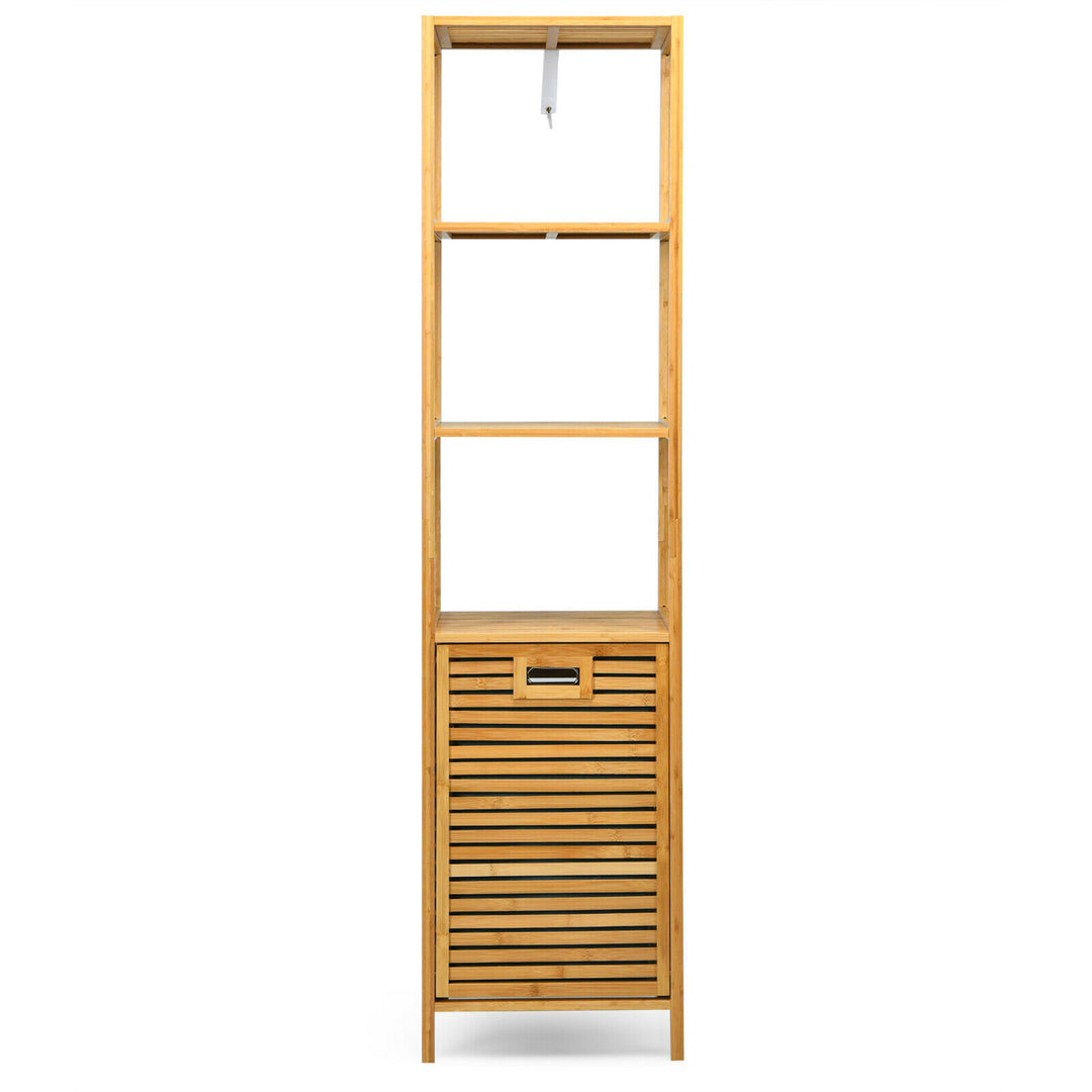 Costway Bathroom Tilt-out Laundry Hamper Bamboo Tower Hamper w/3-Tier Shelves - Natural Color_9