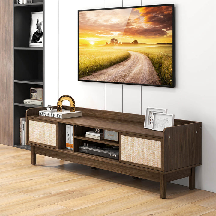 Costway - Wooden TV Stand for TVs up to 65" with Storage Adjustable Shelf & Sliding Doors Walnut - Walnut/Beige_1