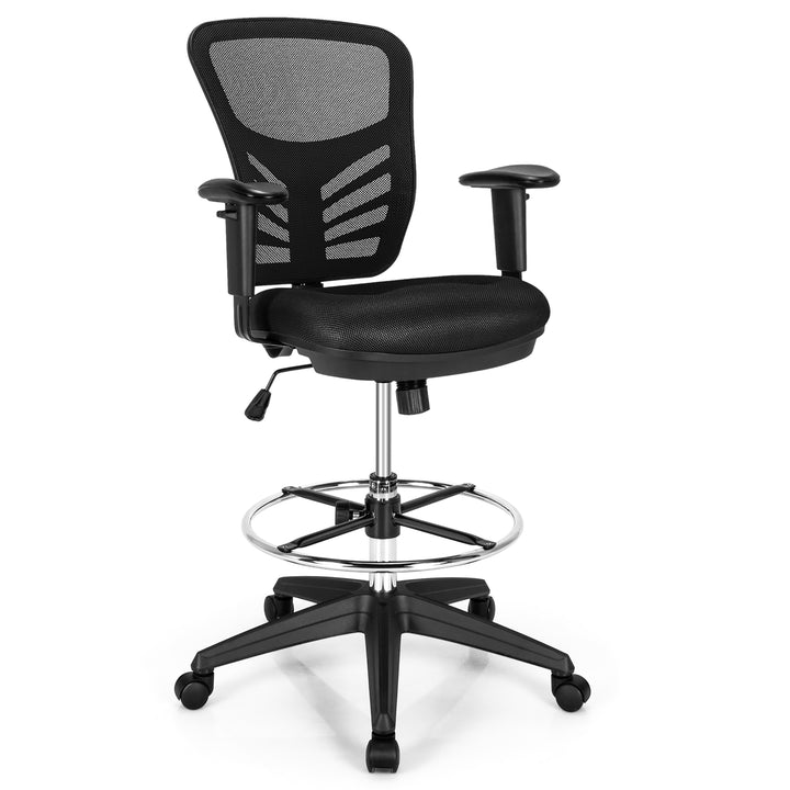 Costway - Mesh Drafting Chair Office Chair with Adjustable Armrests and Foot-Ring - Black_0