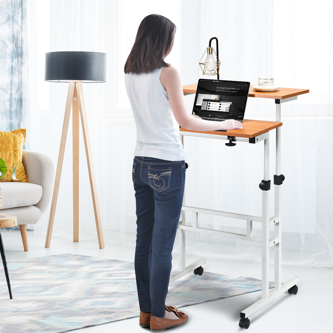 Costway - Mobile Standing Desk Height Adjustable Sit Stand Workstation Stand Up Desk 2in1 - White/Natural_4