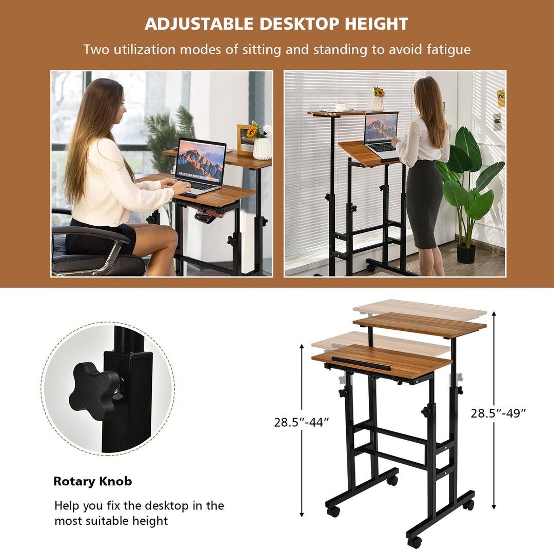 Costway - Mobile Standing Desk Rolling Adjustable Laptop Cart Home Office - Walnut_6