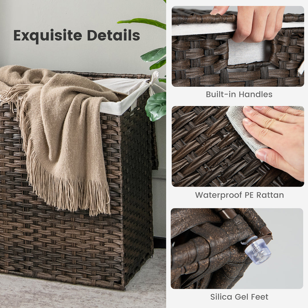 Costway 110L 3-Section Laundry Hamper w/Lid&Handle PE Rattan Clothes Hamper w/Liner Bag - Brown_5