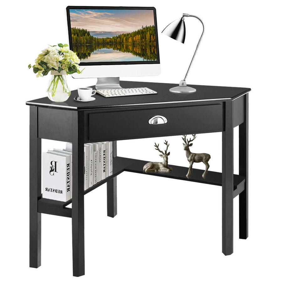 Costway - Triangle Computer Desk Corner Office Desk Laptop Table with Drawer Shelves - Rustic Black_0