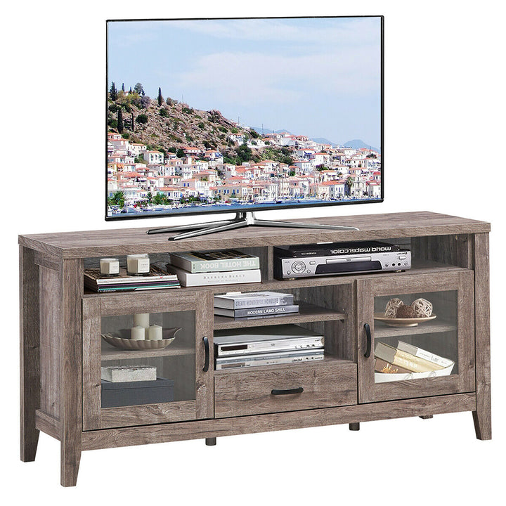 Costway - TV Stand Tall Entertainment Center Hold up to 65'' TV w/ Glass Storage & Drawer - Walnut_0