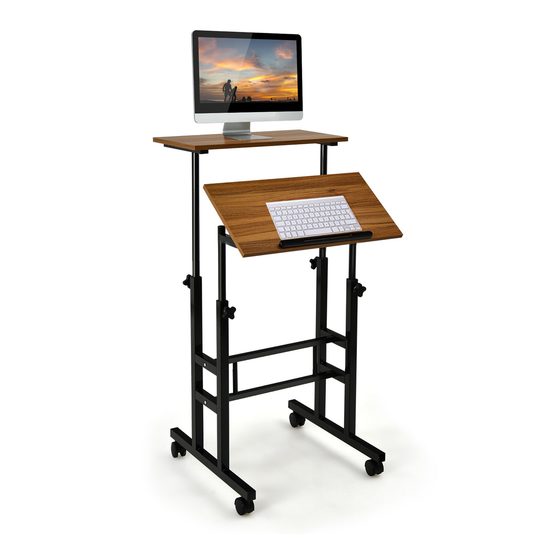 Costway - Mobile Standing Desk Rolling Adjustable Laptop Cart Home Office - Walnut_0