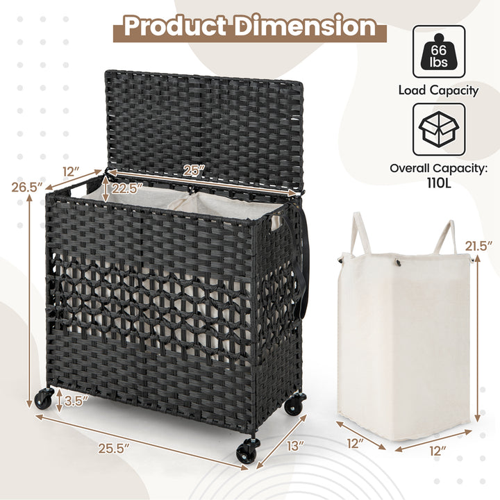 Costway 110L Laundry Hamper with Wheels Clothes Basket Lid & Handle & 2 Liner Bags Black - Black_2