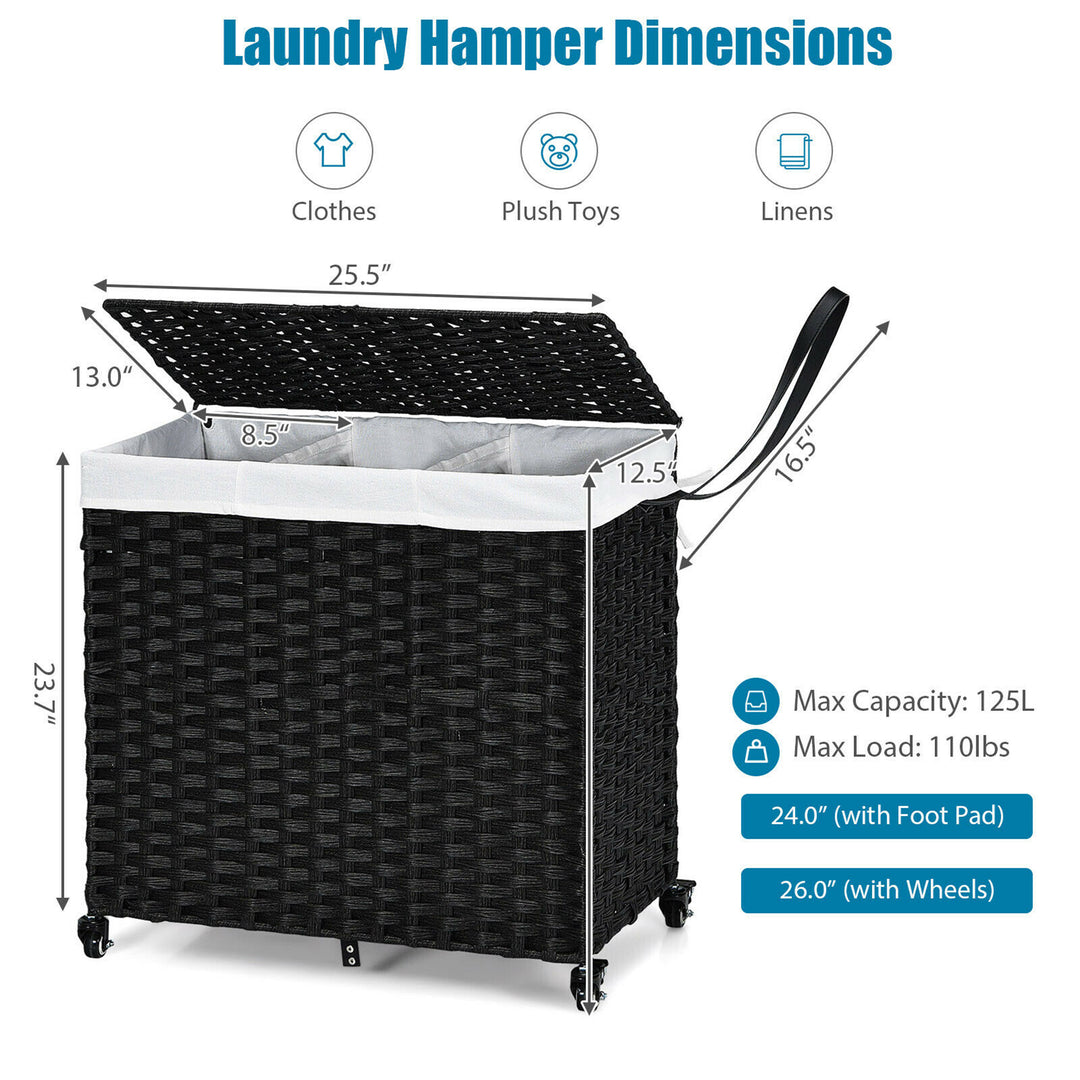 Costway Laundry Hamper w/Wheels & Lid, 125L 3-Section Clothes Hamper w/2 Liner Bags - Black_2