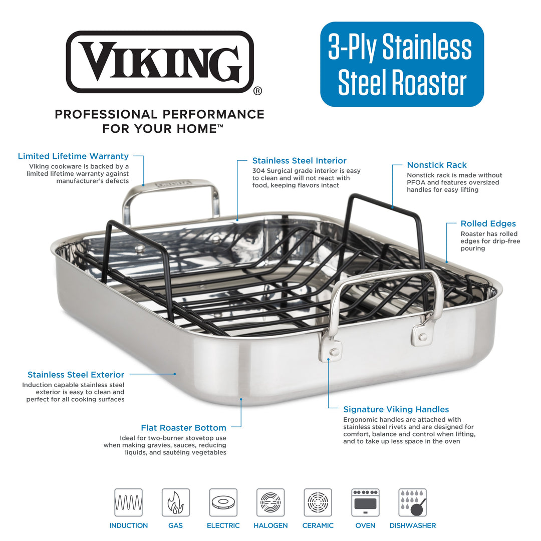 Viking 3-Ply Stainless Steel Roasting Pan with Rack and Bonus Thermometer - Silver_5