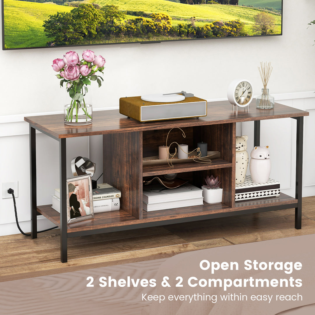 Costway - TV Console Table w/ Power Outlets 50" Industrial TV Stand w/ Open Shelves & Compartments - Rustic Brown/Black_3