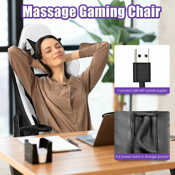 Costway - Massage Gaming Chair Reclining Office Chair with Footrest - White_5