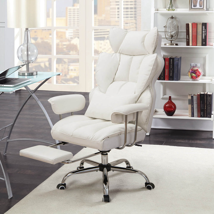 Costway - Office Desk Chair Big and Tall Executive Office Chair with Footrest Lumbar Support - White_3