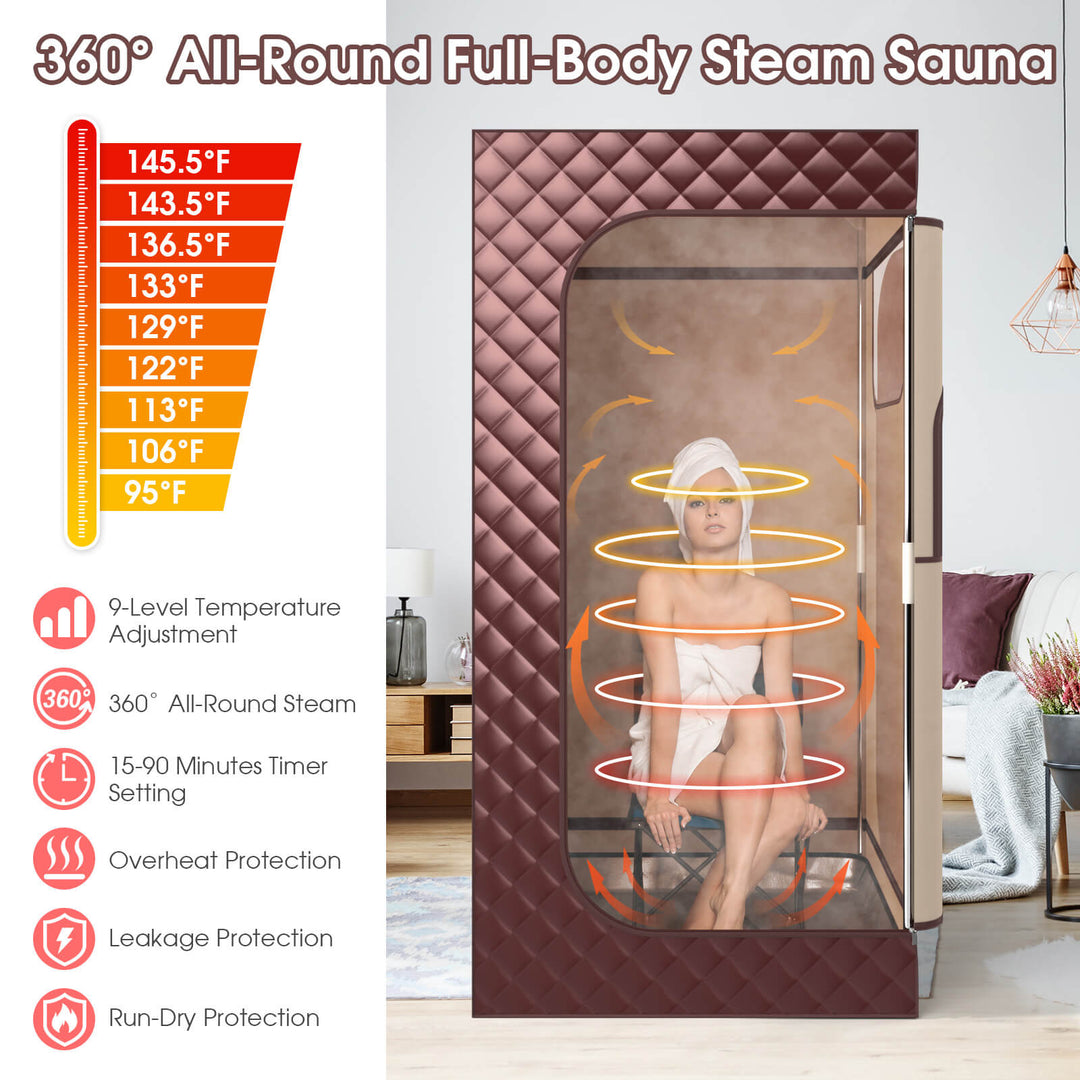 Costway - Portable Steam Sauna for Home Full Body Sauna Box with 3L Steam Generator - Brown_4