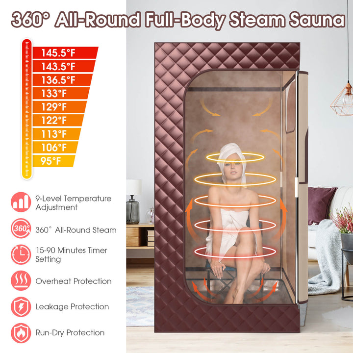 Costway - Portable Steam Sauna for Home Full Body Sauna Box with 3L Steam Generator - Brown_4