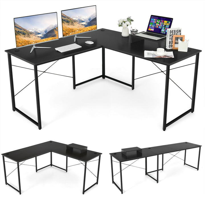 Costway - L-Shaped Reversible Computer Desk 2-Person Long Table with Monitor Stand - Black_9