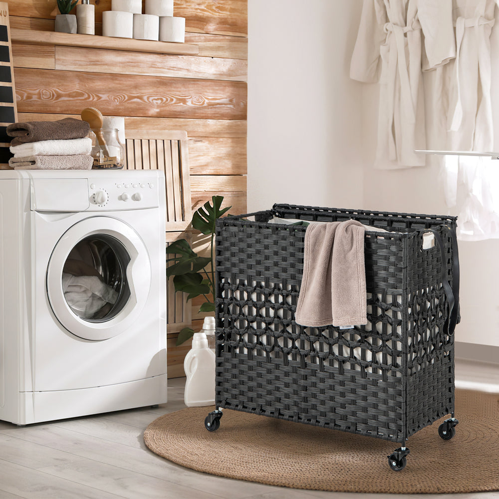 Costway 110L Laundry Hamper with Wheels Clothes Basket Lid & Handle & 2 Liner Bags Black - Black_1