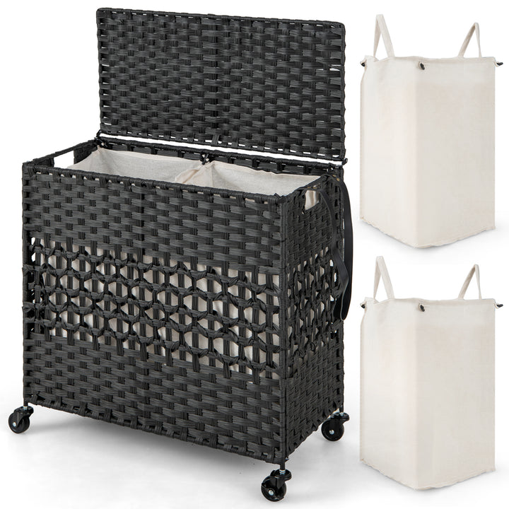 Costway 110L Laundry Hamper with Wheels Clothes Basket Lid & Handle & 2 Liner Bags Black - Black_0