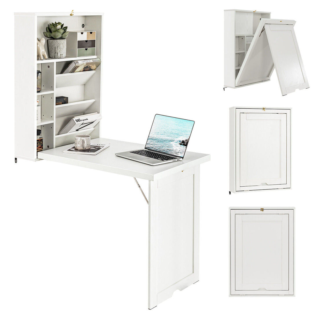 Costway - Wall Mounted Computer Convertible Desk Floating Desk with Storage Bookcases - White_1