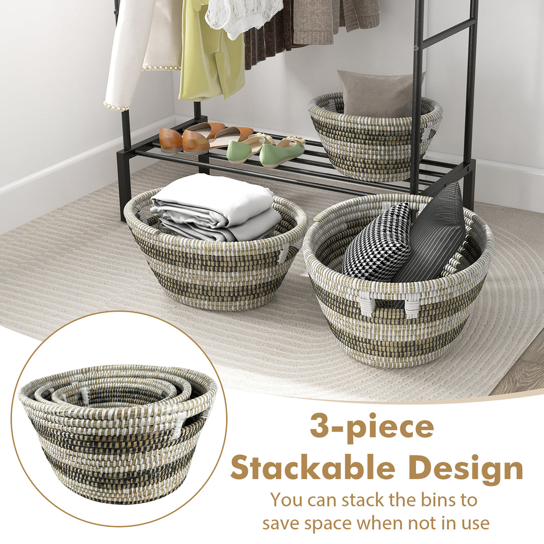 Costway Natural Canes Grass Baskets Stackable Storage Bins Set of 3 w/ Hollowed Handles - White, Black_5