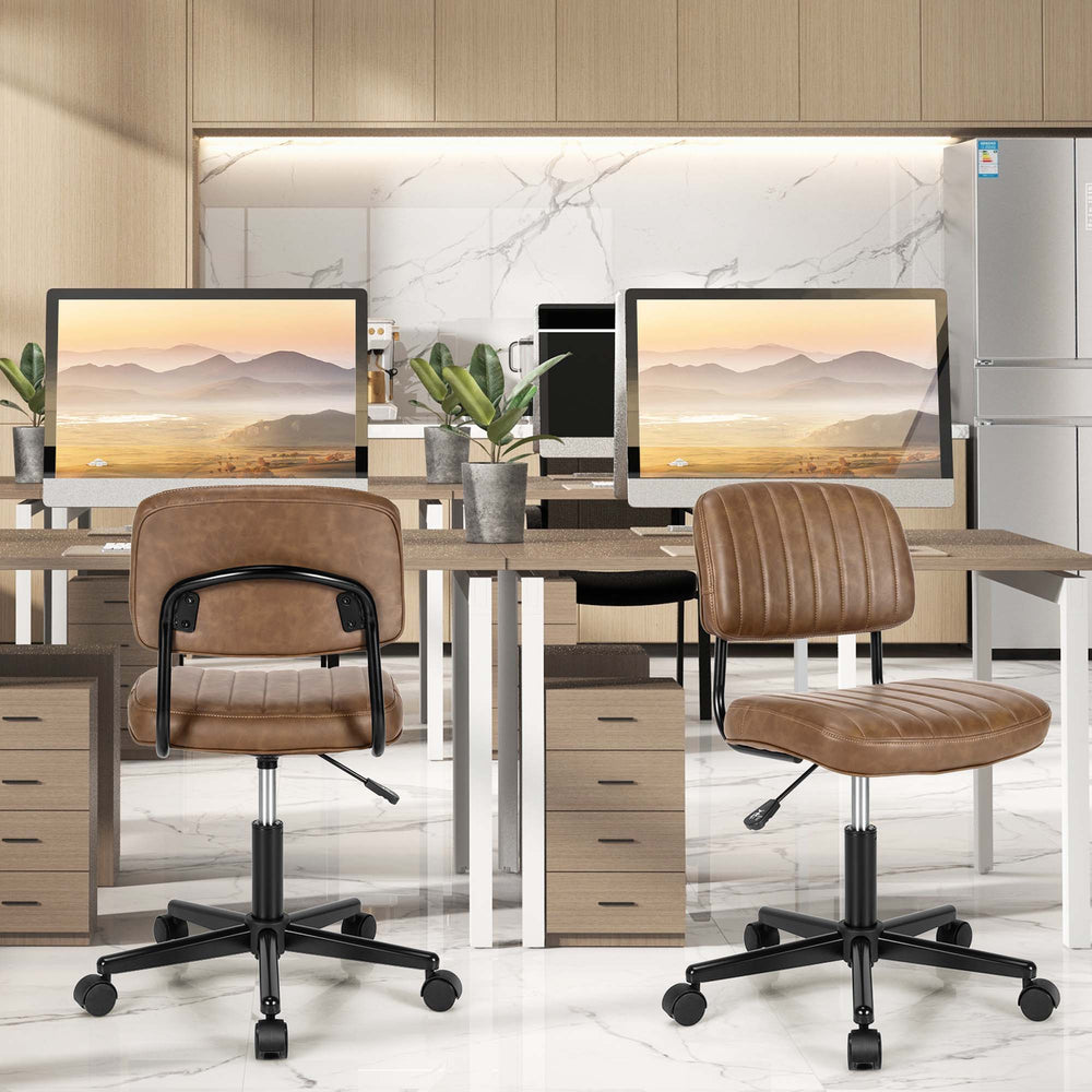 Costway - PU Leather Office Chair Adjustable Swivel Task Chair with Backrest (2pc) - Brown_1