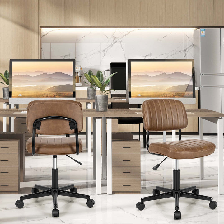 Costway - PU Leather Office Chair Adjustable Swivel Task Chair with Backrest (2pc) - Brown_1