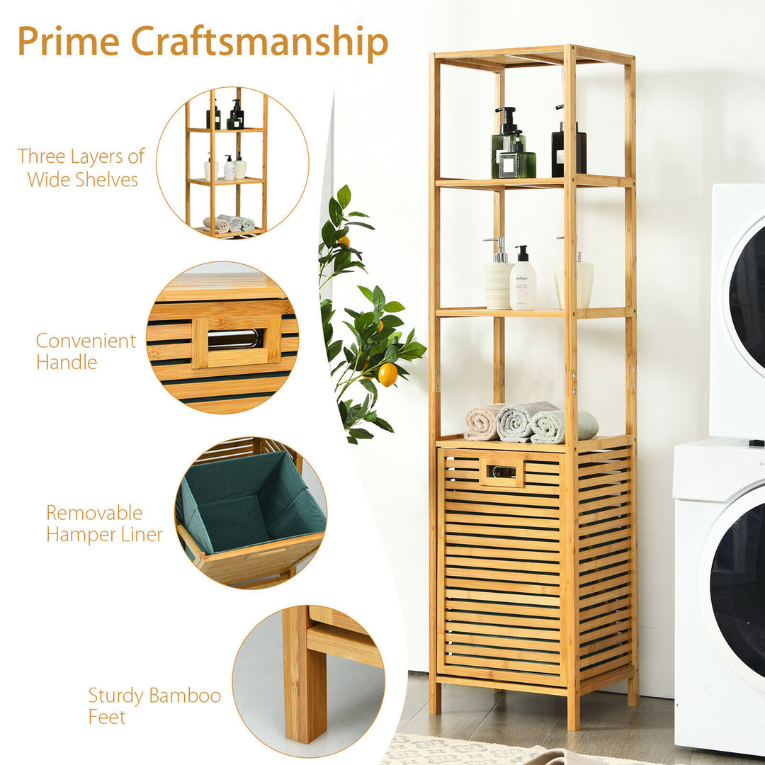 Costway Bathroom Tilt-out Laundry Hamper Bamboo Tower Hamper w/3-Tier Shelves - Natural Color_8